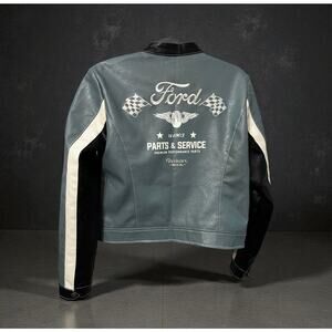 Ford Racing Faux Leather Moto Jacket Blue Black Forever 21 Size M
